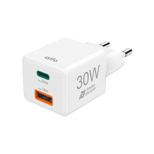 alfo. Mini Charger weiß 30 W, PD, 1x USB-C + 1x USB-A