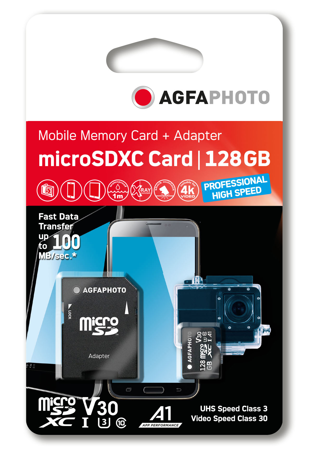 AgfaPhoto 128GB microSDXC-Karte inkl. Adapter UHS-I C10/U3/V30/A1 95/100MB/s 4250255103186